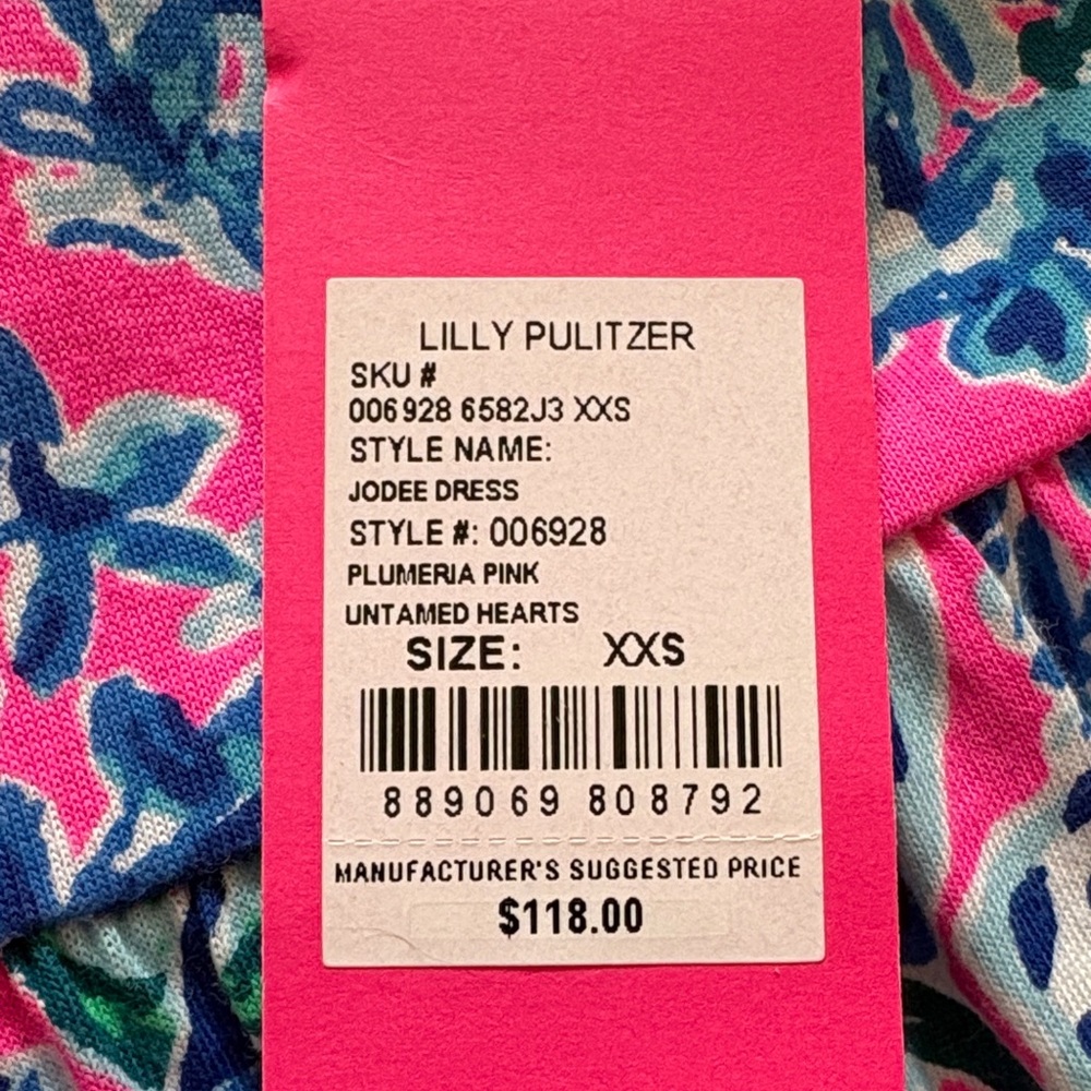 Lilly Pulitzer Jodee Dress Plumeria Pink Untamed with Hearts Pink and Blue - Picture 2 of 9